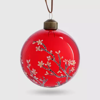 Шар стеклянный Yancheng Shiny красный с узором веточкой 8 см
