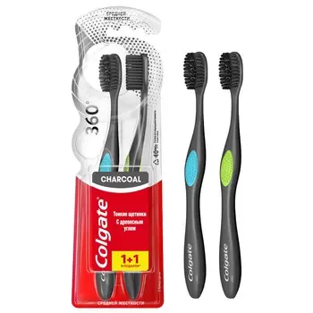 Щётка зубная Colgate 360° с древесным углём средней жёсткости 2 шт
