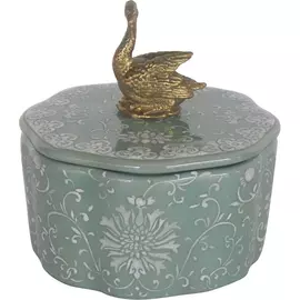 Шкатулка Glasar зеленая с белым узором и бронзовым с лебедем 12х12х12 см