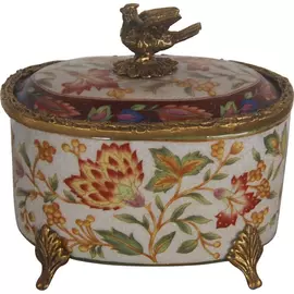 Шкатулка Glasar бежевая с бронзовой птичкой на крышке и на бронзовых ножках с цветочным принтом, 13х10х12 см