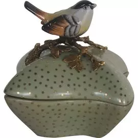 Шкатулка Glasar зеленая в горошек с птичкой на крышке 15х15х16 см