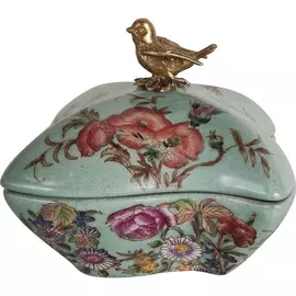 Шкатулка Glasar голубая с бронзовой птичкой и цветочным узором, 15x15x13 см
