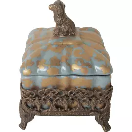 Шкатулка Glasar синяя на бронзовой плетенной подставке с ножками и собачкой 12х11х12 см