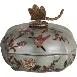 Шкатулка Glasar зеленая с бронзовой стрекозой на крышке и цветочным принтом, 14x10x10 см