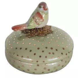 Шкатулка Glasar зеленая в бронзовый горошек и с разноцветной птичкой 11x11x10 см