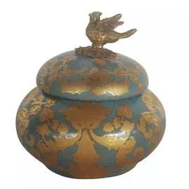 Шкатулка Glasar синяя с бронзовой птичкой и узором, 11x11x11 см