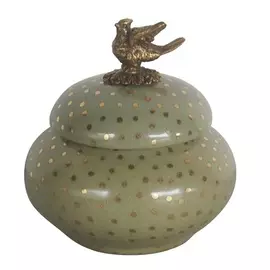 Шкатулка Glasar зеленая в горошек и с бронзовой птичкой 11x11x11см