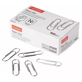 Скрепки канцелярские Hatber никелированные круглые 2,8 см 100 шт