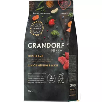 Сухой корм для щенков с 4 месяцев Grandorf Fresh беззерновой с живыми пробиотиками, ягненок и батат 1 кг