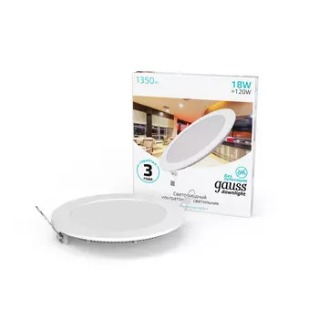 Светодиодный встраиваемый светильник Gauss ультратонкий круглый IP20 18W 4100K 1/20