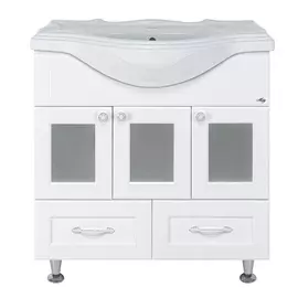 Тумба без раковины Мисти Латте 85 см с 2 ящиками, белая эмаль, доводчики ,стекло