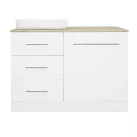 Тумба без раковины Мисти Респект -120 с 3 ящиками под стиральную машину левая (белая ПВХ/Дуб Тиссано)