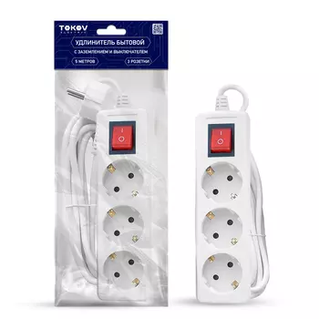 Удлинитель Tokov Electric 3 розетки 5 м с заземлением с выключателем 10А сечение 3х0,75 мм белый