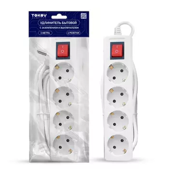 Удлинитель Tokov Electric 4 розетки 3 м с заземлением с выключателем 16А сечение 3х1 мм белый