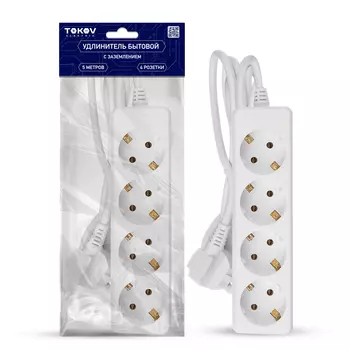 Удлинитель Tokov Electric 4 розетки 5 м с заземлением 16А сечение 3х1 мм белый