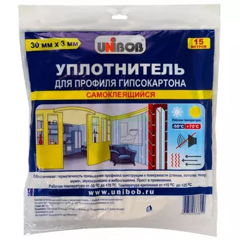 Unibob Самоклеящийся уплотнитель для профиля гипсокартона 30мм х 3мм х 15м