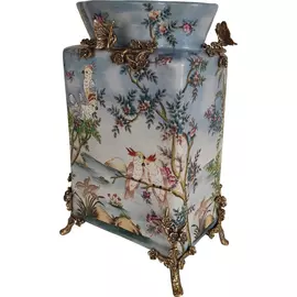 Ваза Glasar на позолоченных ножках с птицами, голубая, 21x15x33 см