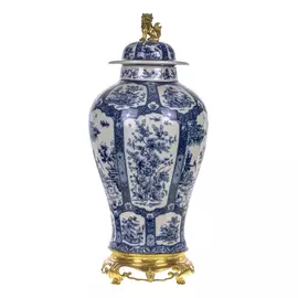 Ваза с крышкой Glasar, белая с синим цветочным принтом, 32x32x69 см