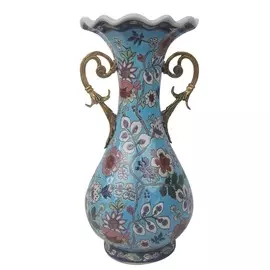 Ваза Glasar синяя с цветочным принтом, с золотистыми ручками, 16x14x30 см
