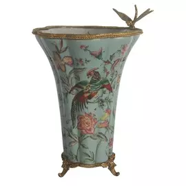 Ваза Glasar мятного цвета со стрекозой и цветочно-птичьим принтом, 23x21x32 см