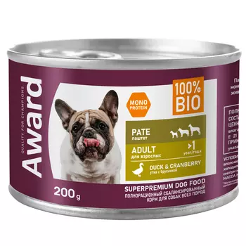 Влажный корм Award для взрослых собак паштет из утки с брусникой 200 г