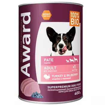 Влажный корм Award для взрослых собак паштет из индейки с черникой 400 г