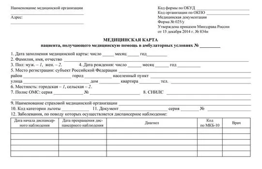 Медицинская карта пациента, получающего медицинскую помощь в амбулаторных условиях №_: форма №025/у от 15 декабря 2014 г. №834