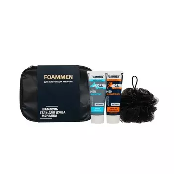 Мужской подарочный набор Foammen ( гель для душа " Заряд Свежести " 75мл + шампунь для волос " Заряд Свежести " 75мл + мочалка для тела Aqua Joy )