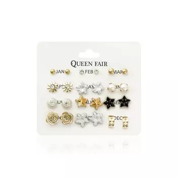 Пусеты Queen Fair " Фантазия " цветы и звёзды, белый в золоте 12 пар