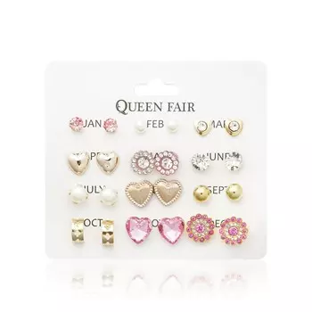Пусеты Queen Fair " Фантазия " сердца, бело-розовый в золоте 12 пар