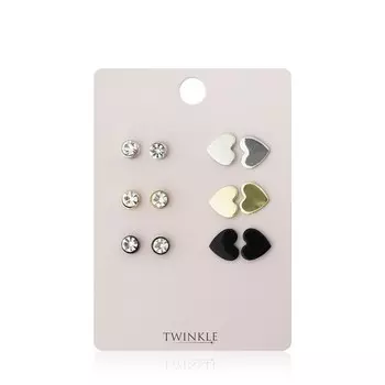 Серьги Twinkle " Modern Hearts + Crystal " 6 пар