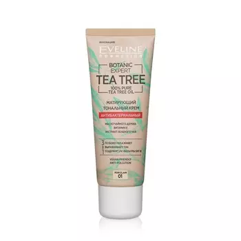 Тональный крем для лица Eveline Tea tree антибактериальный матирующий 01 Porcelain 30мл