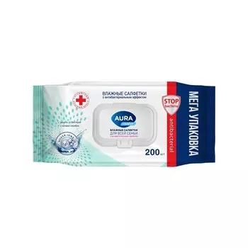 Влажные салфетки Aura Family с антибактериальным эффектом 200шт