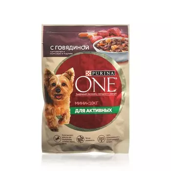 Влажный корм для собак Purina One Мини <10кг " активная " с говядиной, картофелем и морковью в подливе 85г