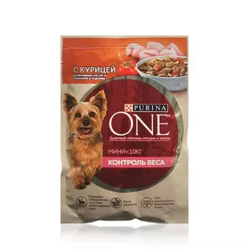 Влажный корм для собак Purina One Мини <10кг " Контроль веса " с курицей, коричневым рисом и томатами в подливе 85г