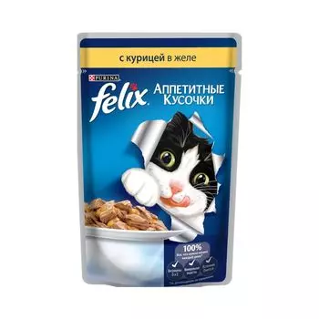Влажный корм для взрослых кошек Felix Аппетитные кусочки с курицей в желе 75г
