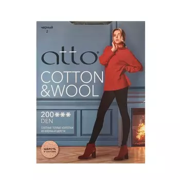 Женские плотные колготки из хлопка и шерсти Atto Cotton & Wool 200den Черный 2 размер