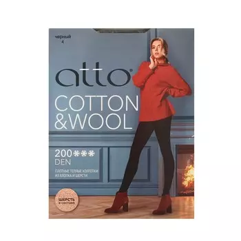 Женские плотные колготки из хлопка и шерсти Atto Cotton & Wool 200den Черный 4 размер