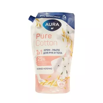 Жидкое крем - мыло для рук и тела Aura Pure Cotton Хлопок и овсяное молочко 850мл