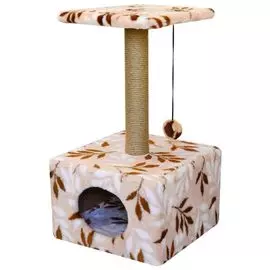 Комплекс Zooexpress Fantasy Куб большой с полкой, меховой бежевый с рисунком для кошек (40 х 40 х 72 см, Бежевый)
