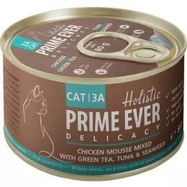 Консервы Prime Ever Delicacy Mousse Курица с тунцом, зеленым чаем и водорослями для кошек (80 г, Курица с тунцом, зеленым чаем и водорослями)