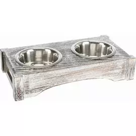 Набор стальных мисок Trixie белый на деревянной подставке (0,45 л/ф 12 см (36 х 7 х 19 см), Белый)