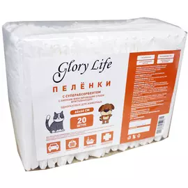 Пеленка Glory Life c суперабсорбентом и липким фиксирующим слоем одноразовые белые для животных (60 х 60 см, 20 шт)