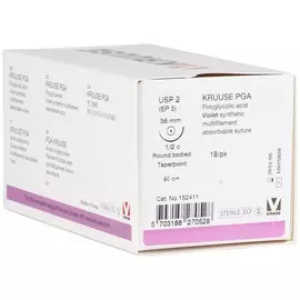 Шовный материал Kruuse PGA ПГА UPS 2 для иглы 1/2, 36 мм круглая (18 шт: Нить: 90 см; Игла: 36 мм)