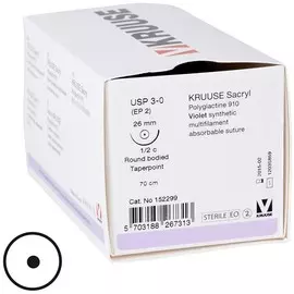 Шовный материал Kruuse Sacryl Сакрил - Полиглактин 910 UPS 3-0 для иглы 1/2, 26 мм круглая (18 шт: Нить: 70 см; Игла: 26 мм)