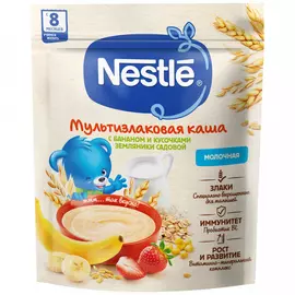 Каша мультизлаковая Nestle молочная с бананом и кусочками земляники с бифидобактериями BL с 8 месяцев 200 г