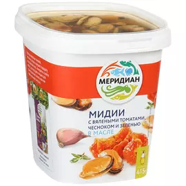 Мидии Меридиан вяленые томаты чеснок зелень в масле 415 г