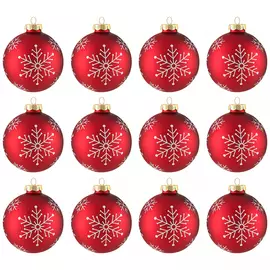 Набор елочных украшений Koopman Шары красные со снежинками 12 штук 8 см