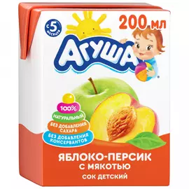 Сок Агуша яблоко персик мякоть восстановленный без сахара с 5 месяцев 200 мл