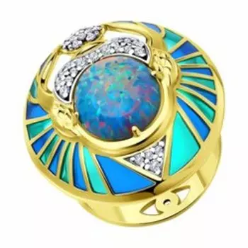 Кольцо из золочёного серебра с опалом, фианитами и эмалью